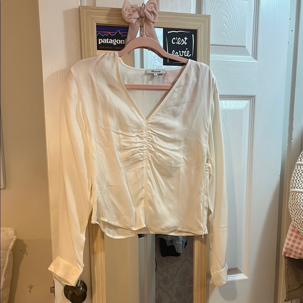 Madewell Cream Ruched Blouse with Buttoned Details